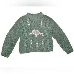 Vintage Shenanigans Knitted by Hand Made Blue Green Knitted Sweater Pink Flowers